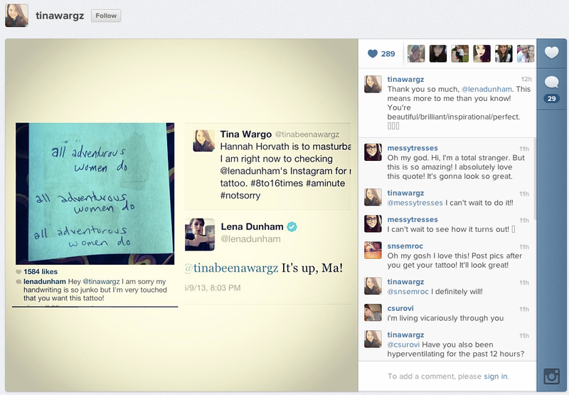 Illustration for article titled Lena Dunham Helps Fan Get an 'All Adventurous Women Do' Tattoo
